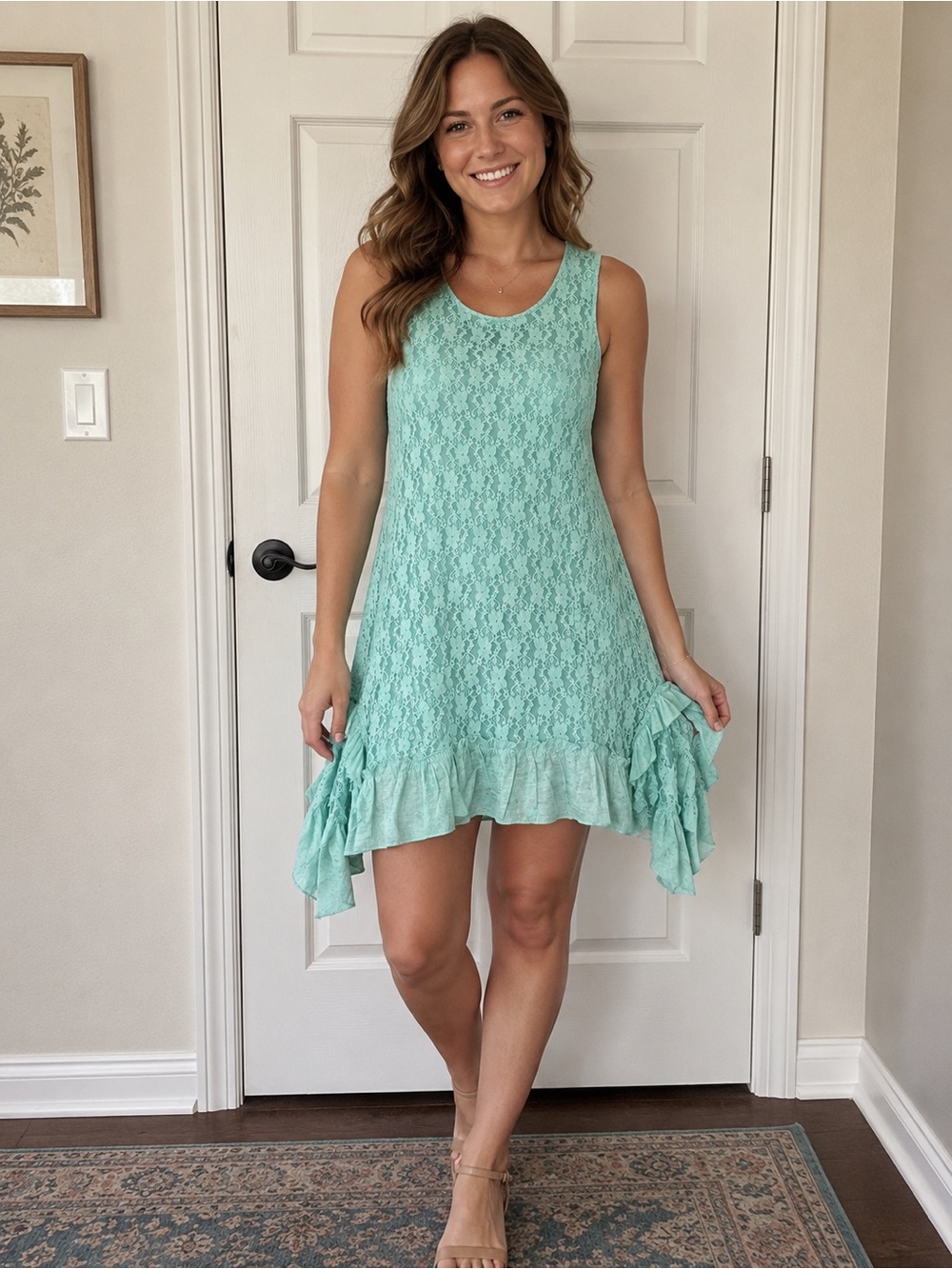 Origami Mint Lace Ruffle Hem Sleeveless Dress